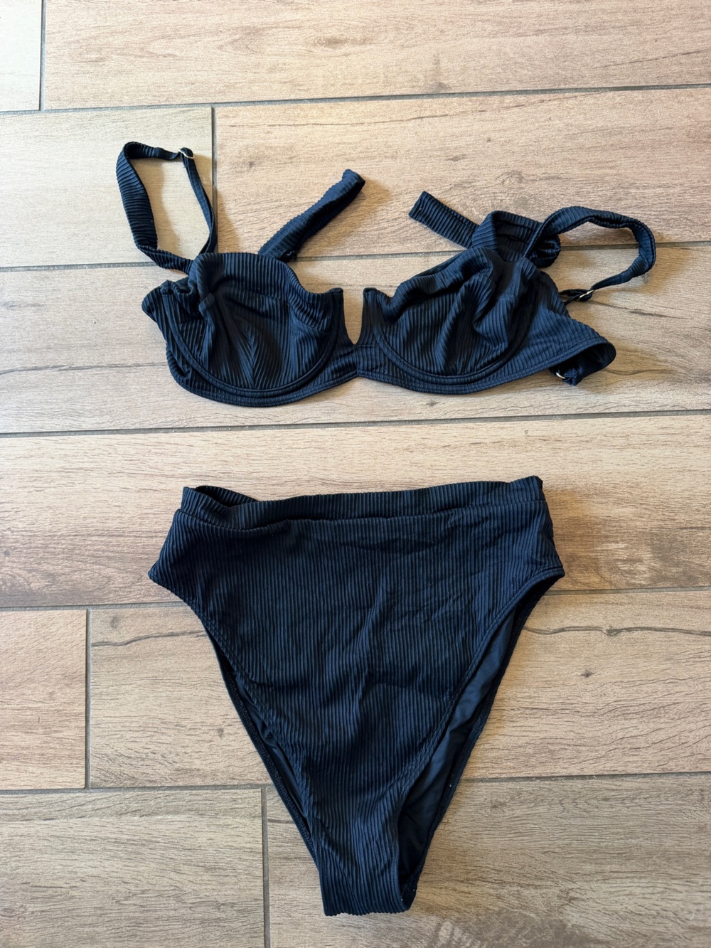 Monday Swimwear Black Ribbed Underwire Bikini Set